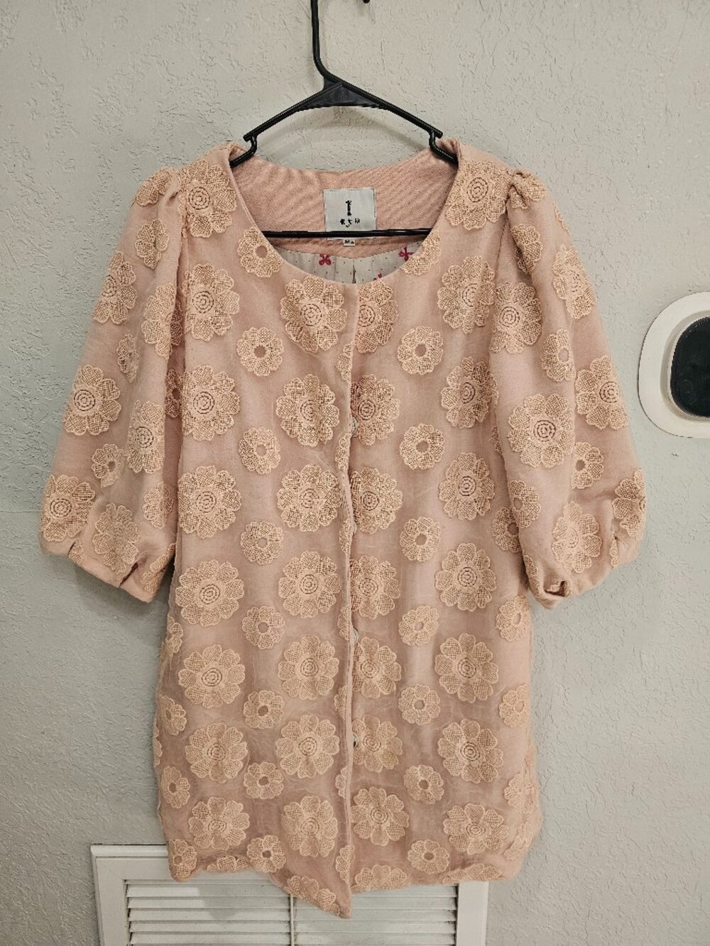 Vintage Style Asian Peach Floral Organza Jacket Dress Coat Puff Sleeve As Is